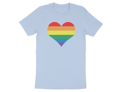 Light blue t-shirt with a rainbow heart made of horizontal lines.