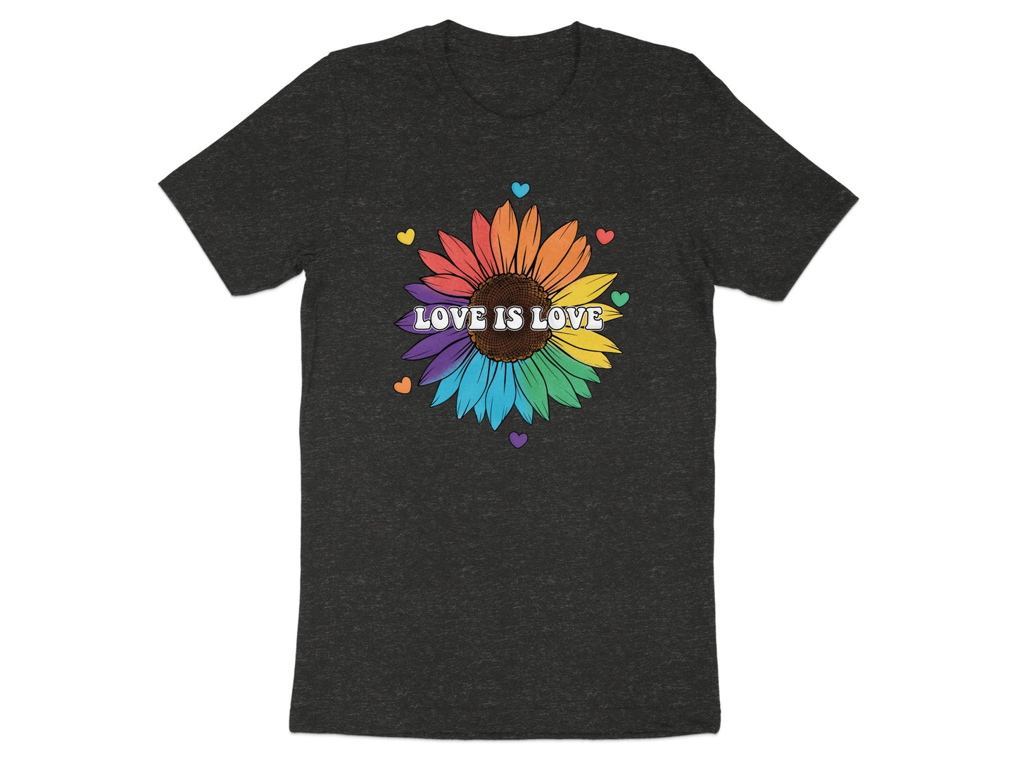 Dark grey t-shirt with a rainbow sunflower and "LOVE IS LOVE" text.