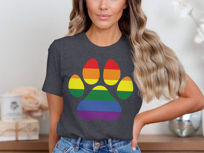 Dark grey t-shirt featuring a rainbow paw print.