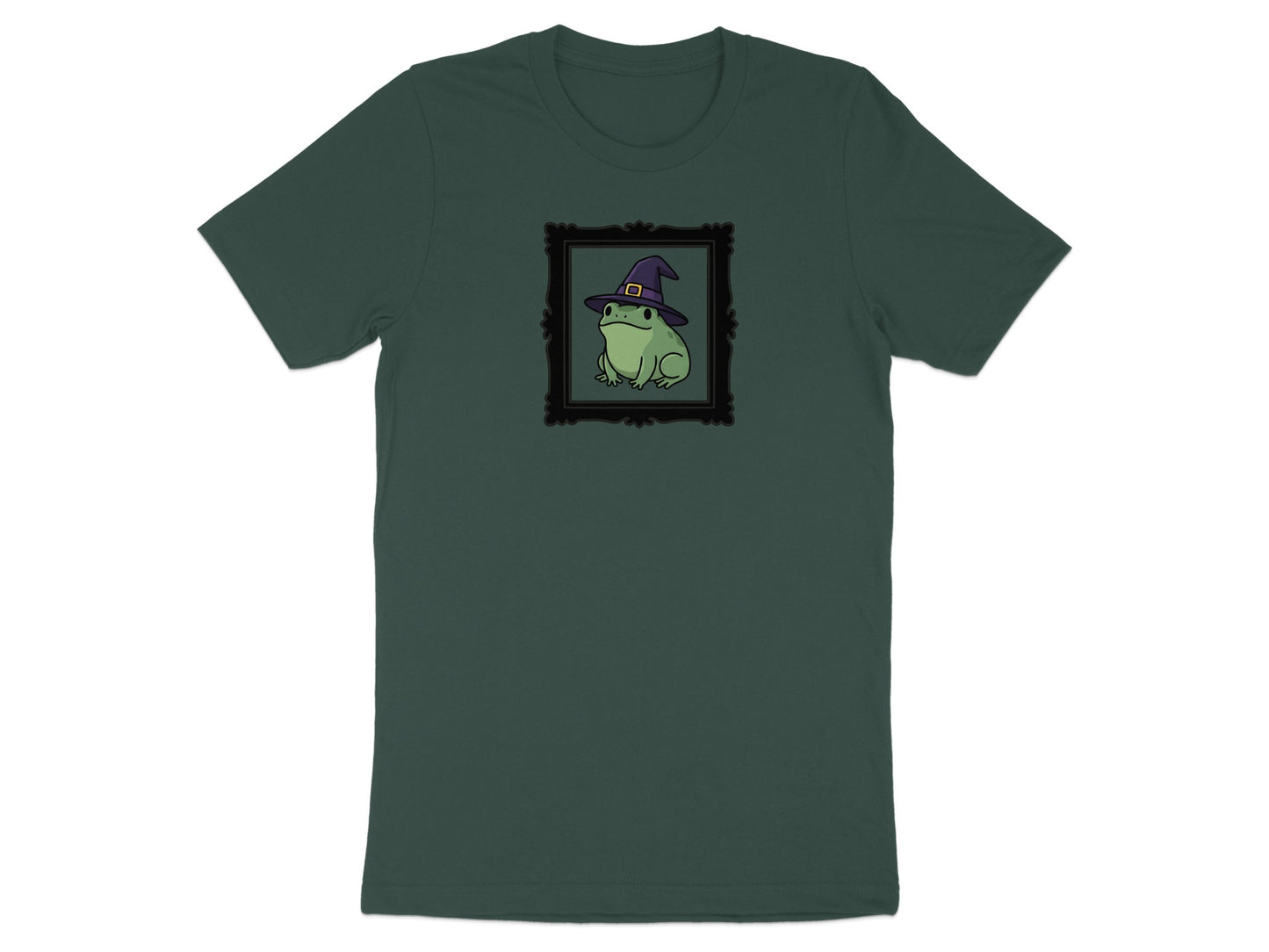 Green frog wearing a purple witch hat in a black ornate frame.