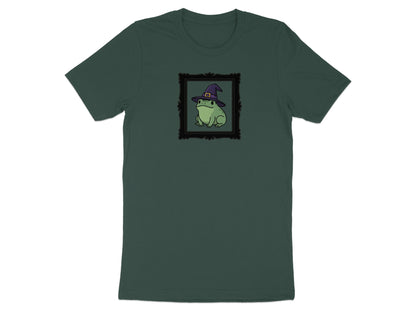Green frog wearing a purple witch hat in a black ornate frame.