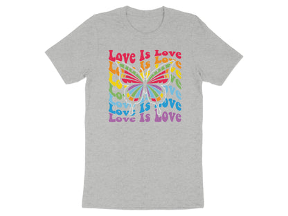 Grey t-shirt with "Love Is Love" and a rainbow butterfly graphic.
