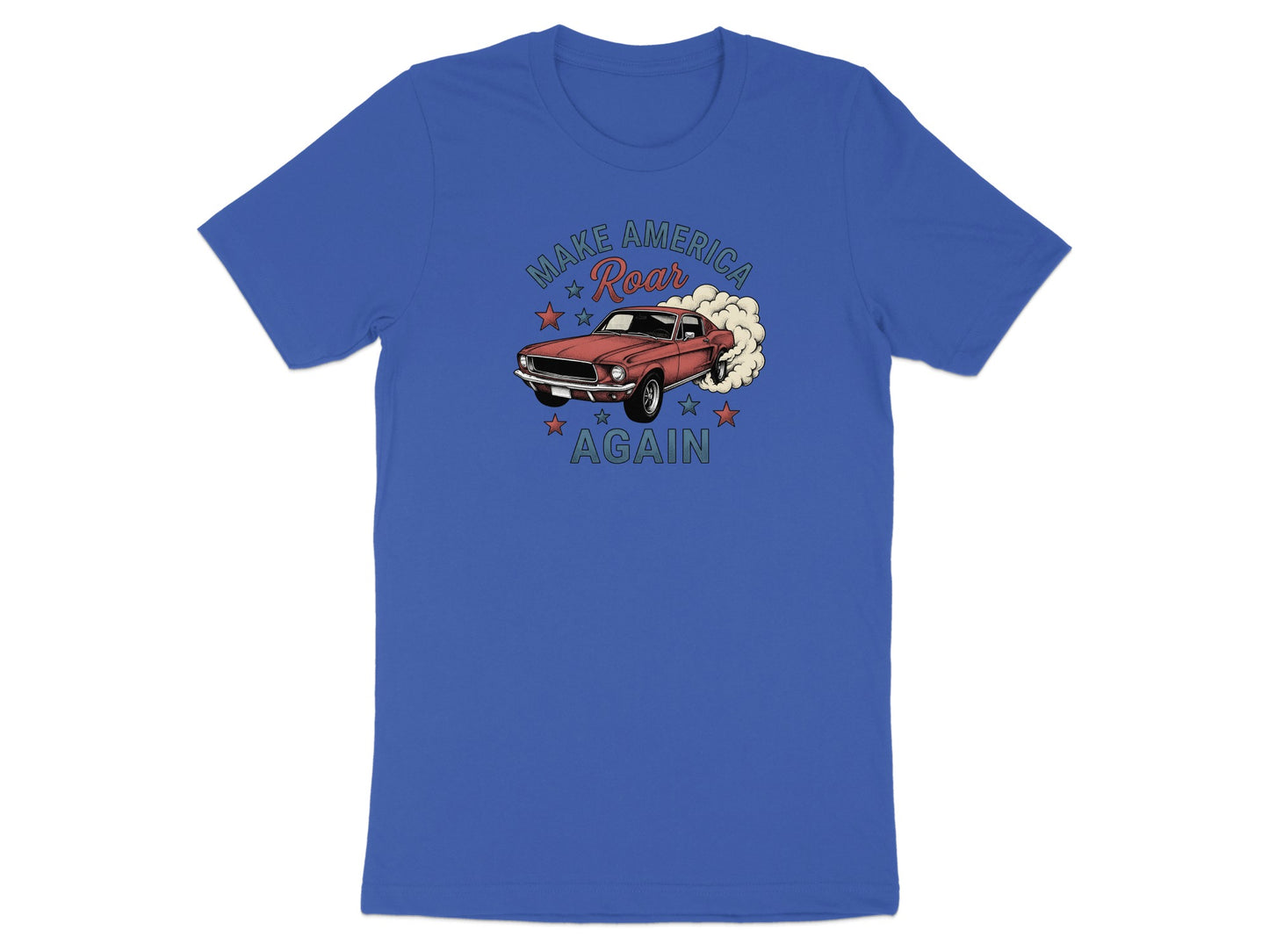 Blue t-shirt with "MAKE AMERICA ROAR AGAIN" text and vintage car illustration.