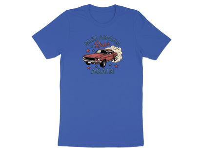 Blue t-shirt with "MAKE AMERICA ROAR AGAIN" text and vintage car illustration.