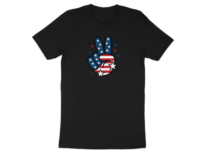 Black t-shirt with a red, white, and blue American flag peace sign graphic.