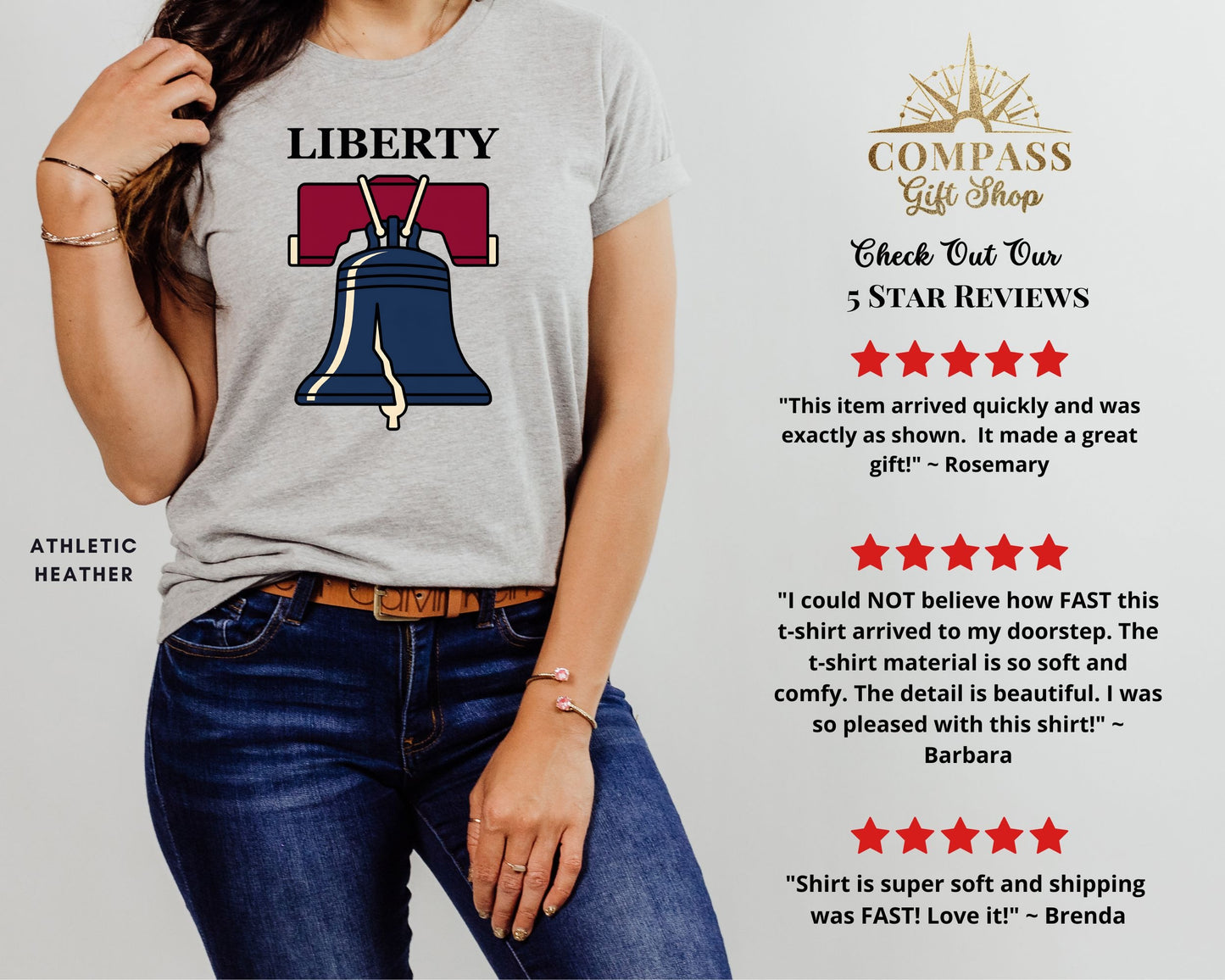 Liberty bell graphic on heather grey t-shirt, with customer reviews.