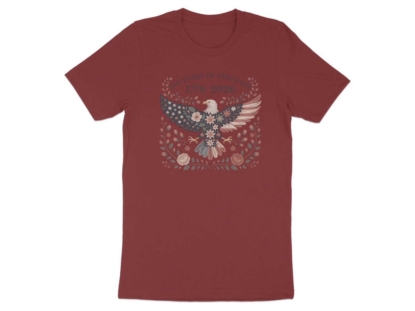 T-shirt with eagle and floral wreath design, "60 Years of Freedom 1776-2026."