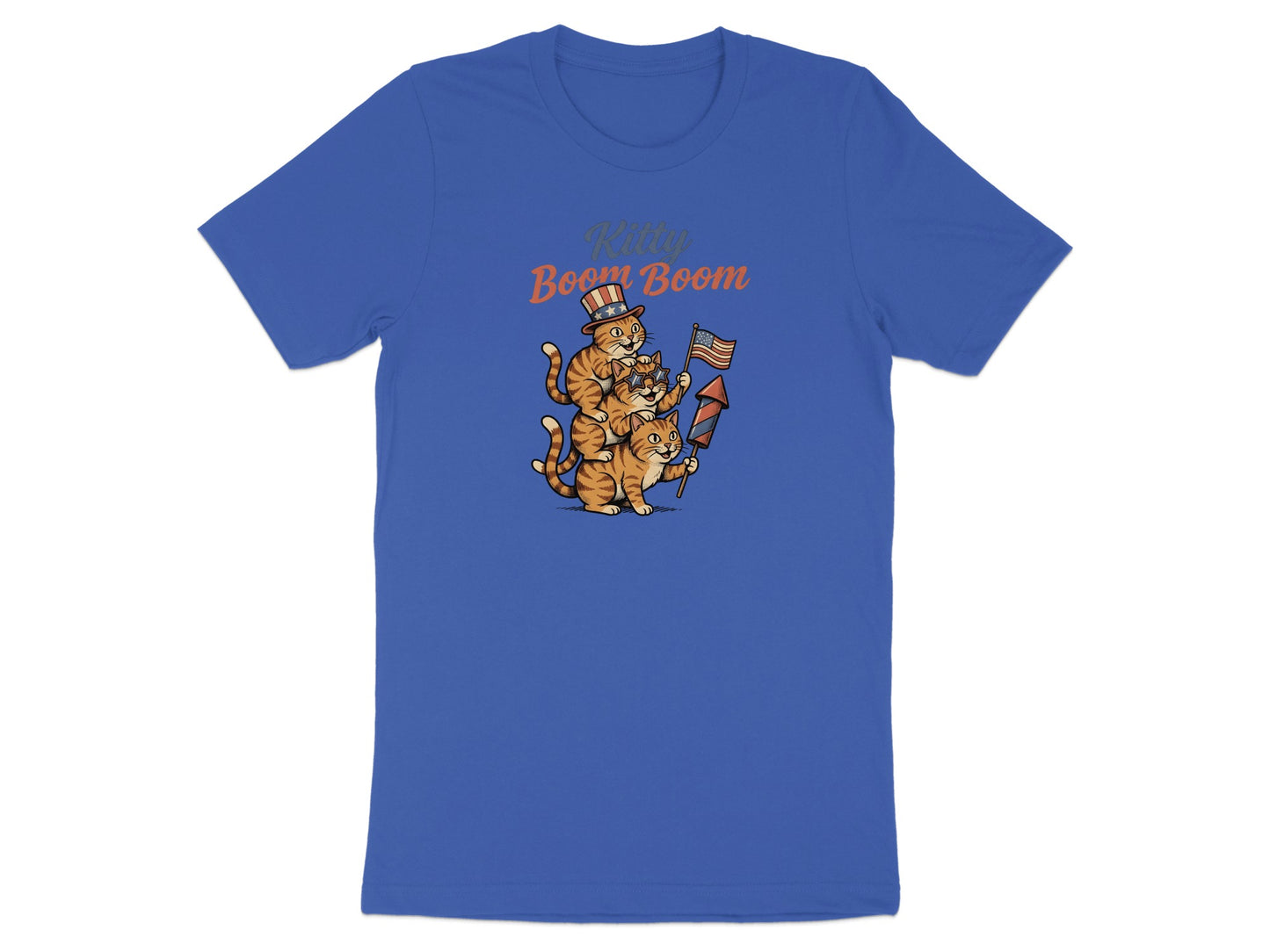 T-shirt graphic with three cats in hats holding sparklers and fireworks.