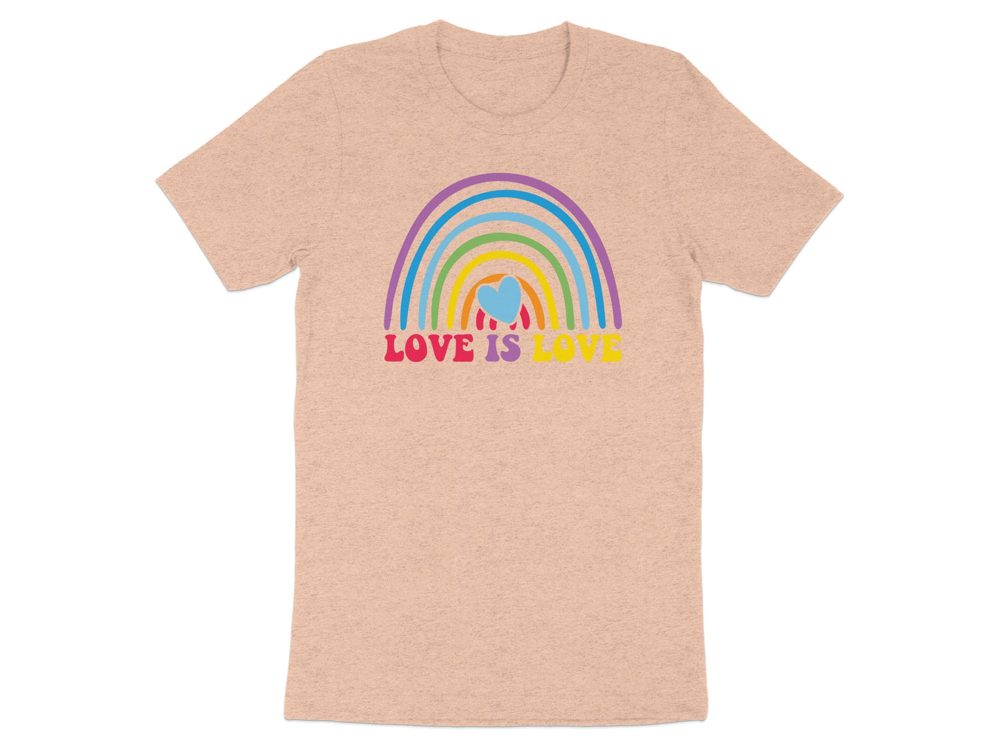 Peach t-shirt with a colorful rainbow and "LOVE IS LOVE" text.