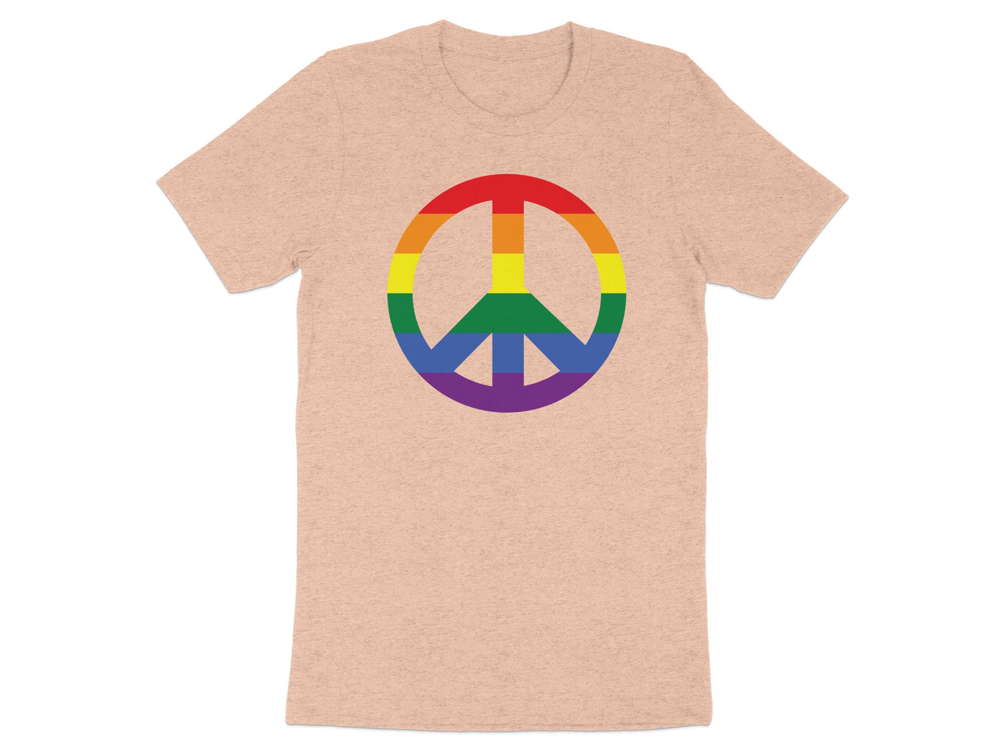 Peach t-shirt with a rainbow peace symbol.