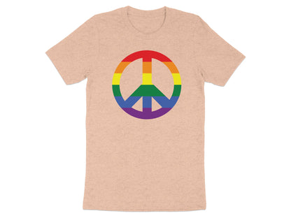 Peach t-shirt with a rainbow peace symbol.