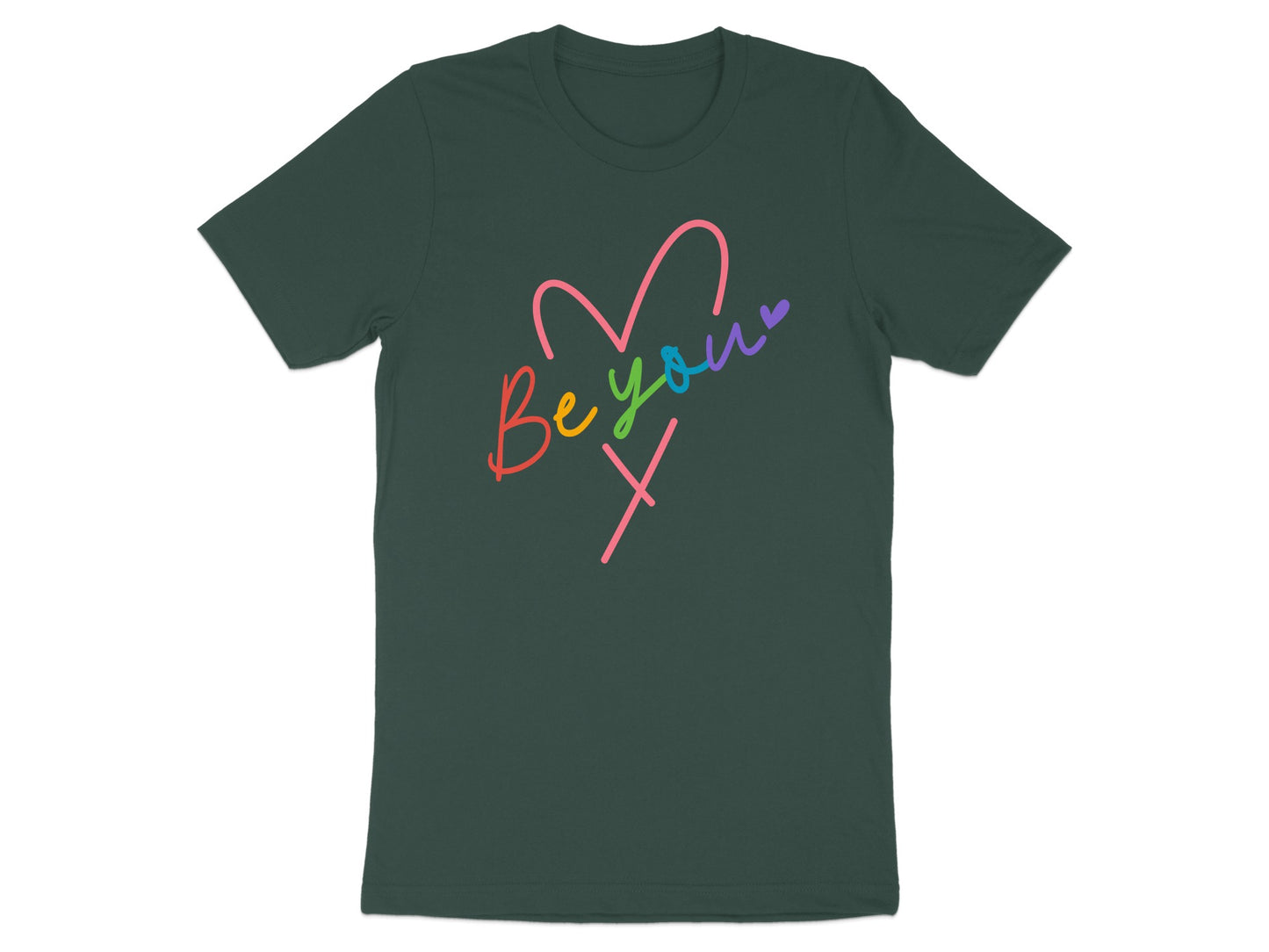Dark t-shirt with a colorful "Be you x" heart graphic.