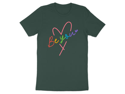 Dark t-shirt with a colorful "Be you x" heart graphic.