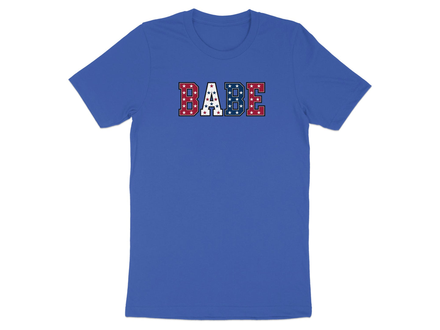 Blue t-shirt with "BABE" spelled out in red, white, and blue stars.