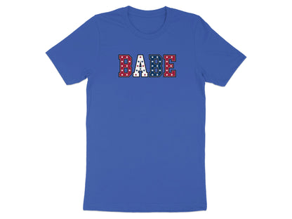 Blue t-shirt with "BABE" spelled out in red, white, and blue stars.