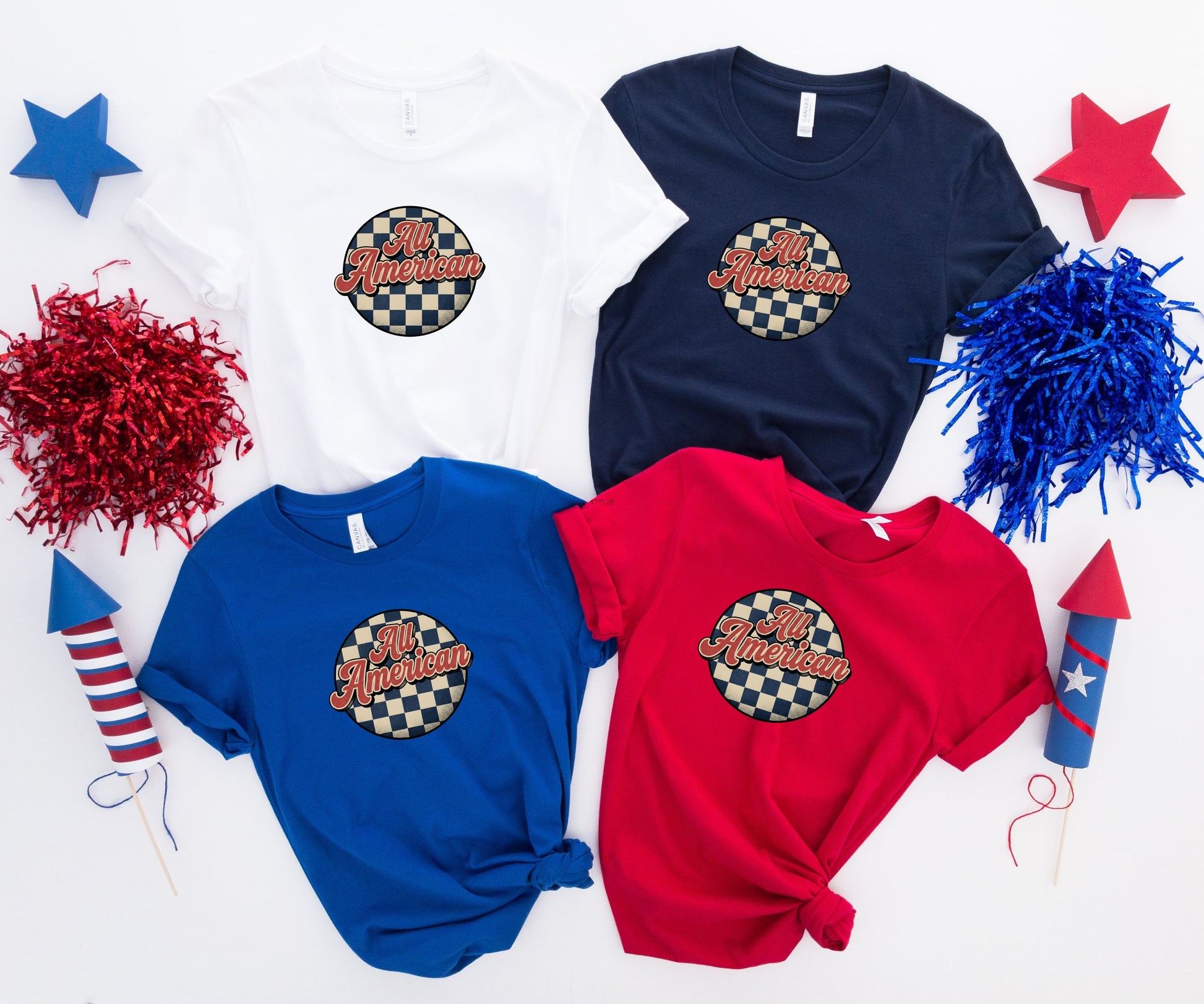 Four t-shirts, each with "All American" text on a checkered circle.