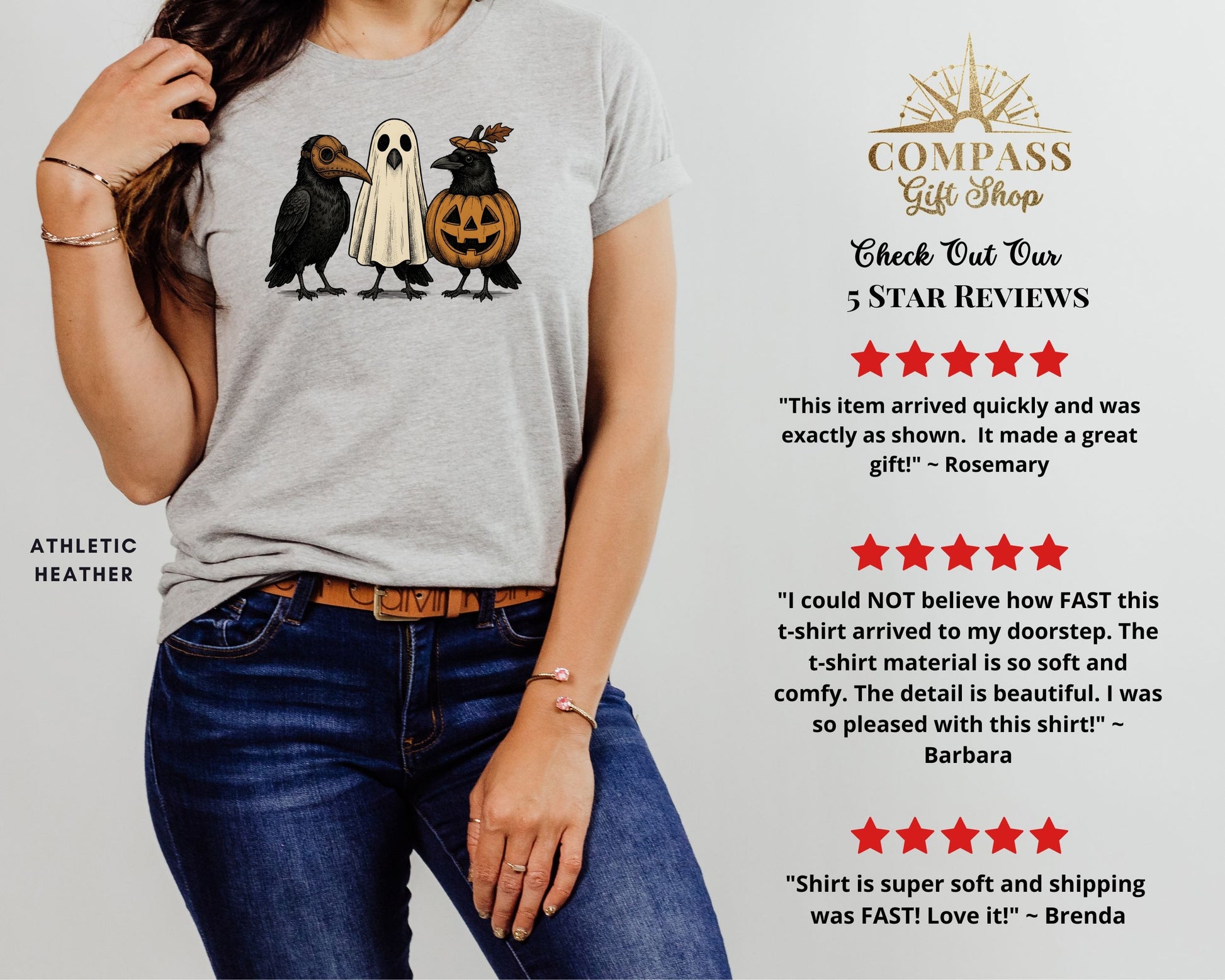 Grey t-shirt with three cartoon birds: one in plague doctor mask, one as ghost, one as pumpkin.