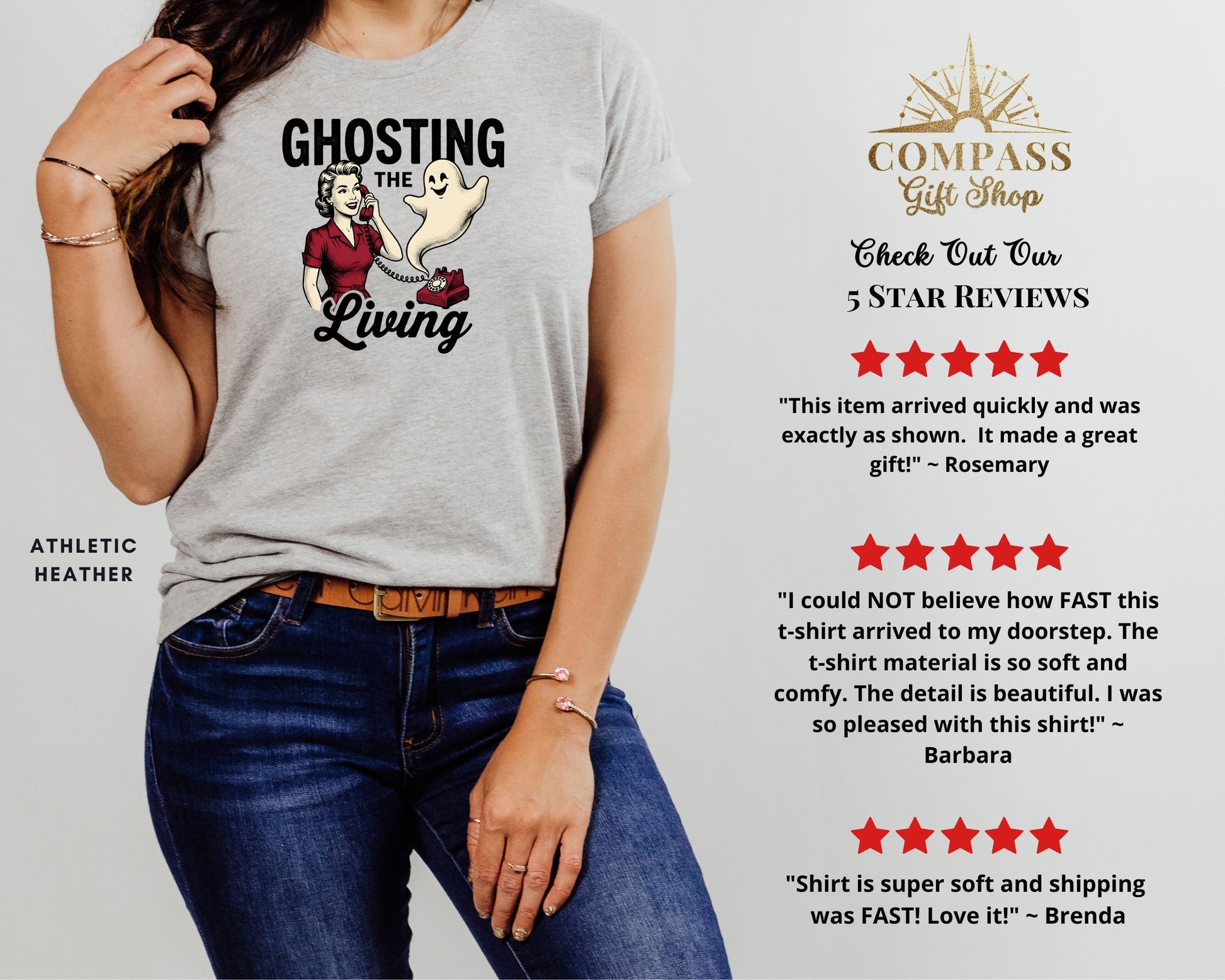 Grey t-shirt with "Ghosting The Living" graphic and customer reviews.