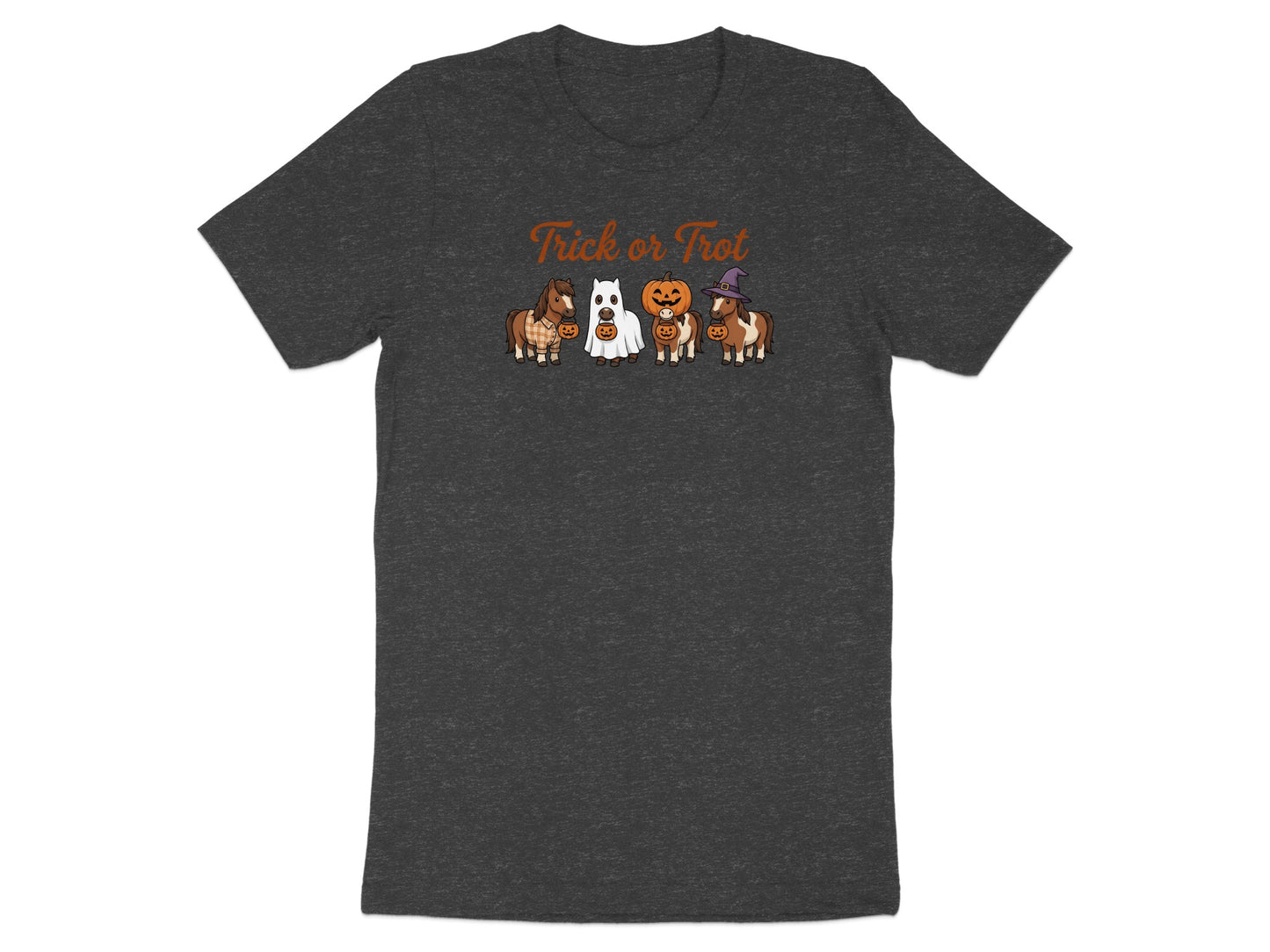 Dark grey t-shirt with cartoon horses in Halloween costumes and "Trick or Trot" text.