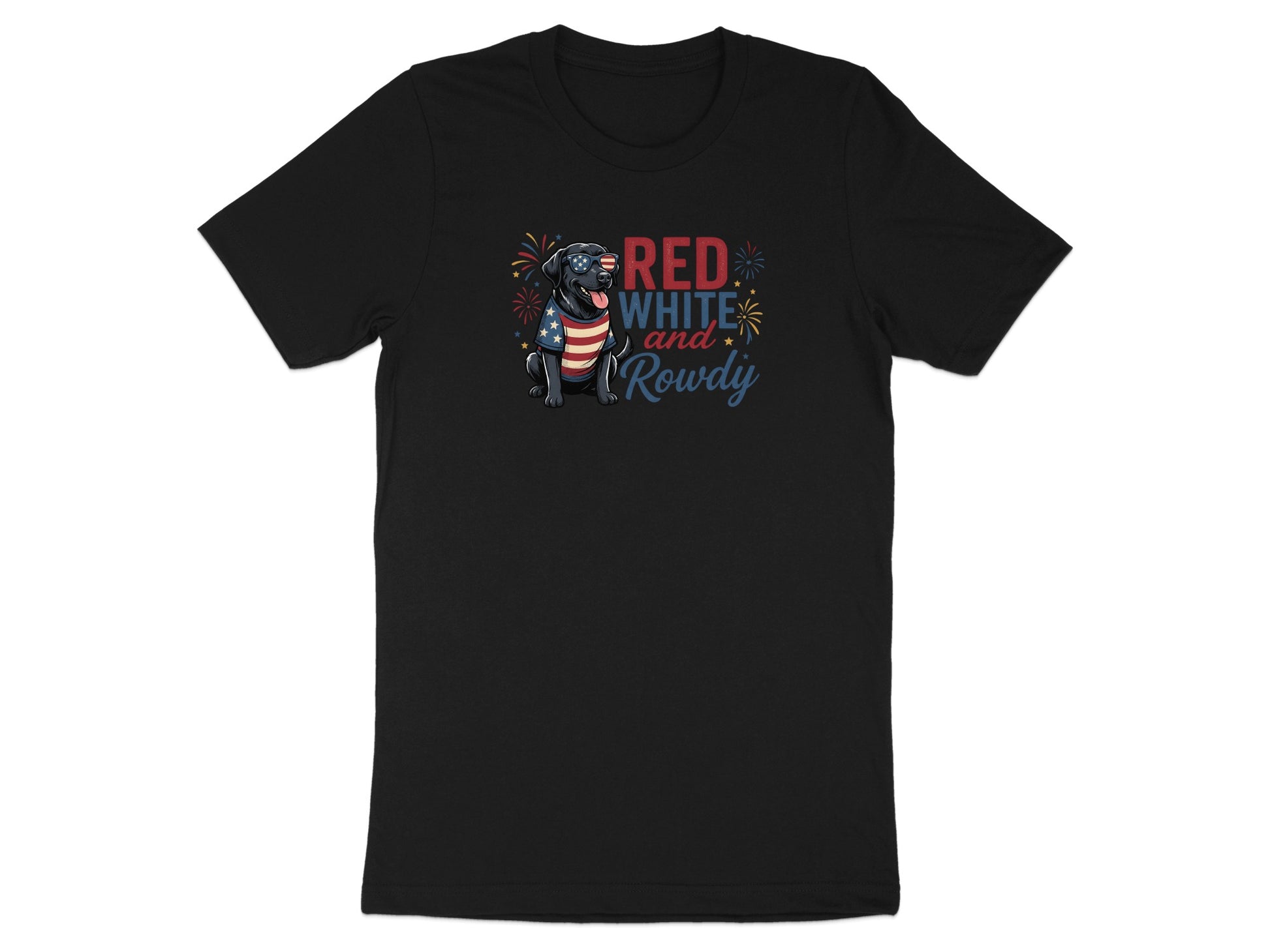 Black t-shirt with "Red White and Rowdy" text and a dog in patriotic attire.