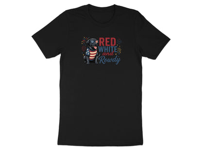 Black t-shirt with "Red White and Rowdy" text and a dog in patriotic attire.