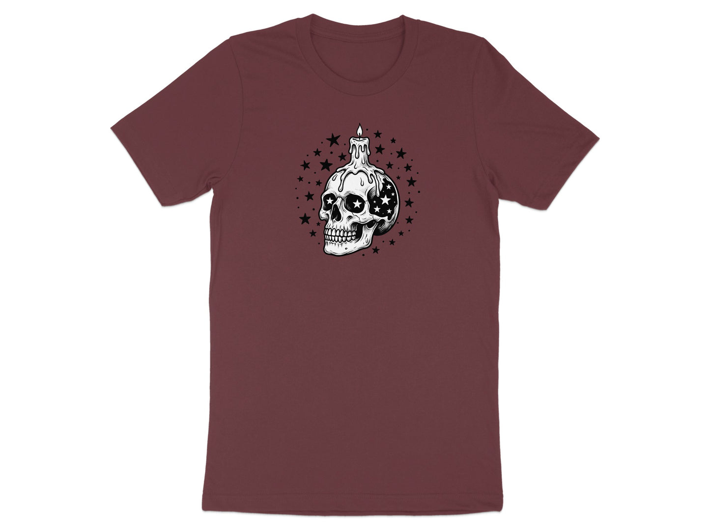 T-shirt with skull wearing a melting candle, surrounded by stars.