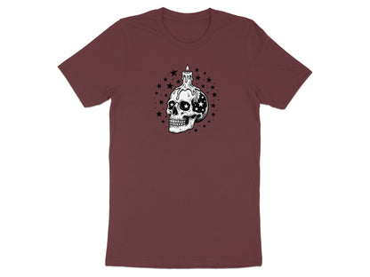 T-shirt with skull wearing a melting candle, surrounded by stars.