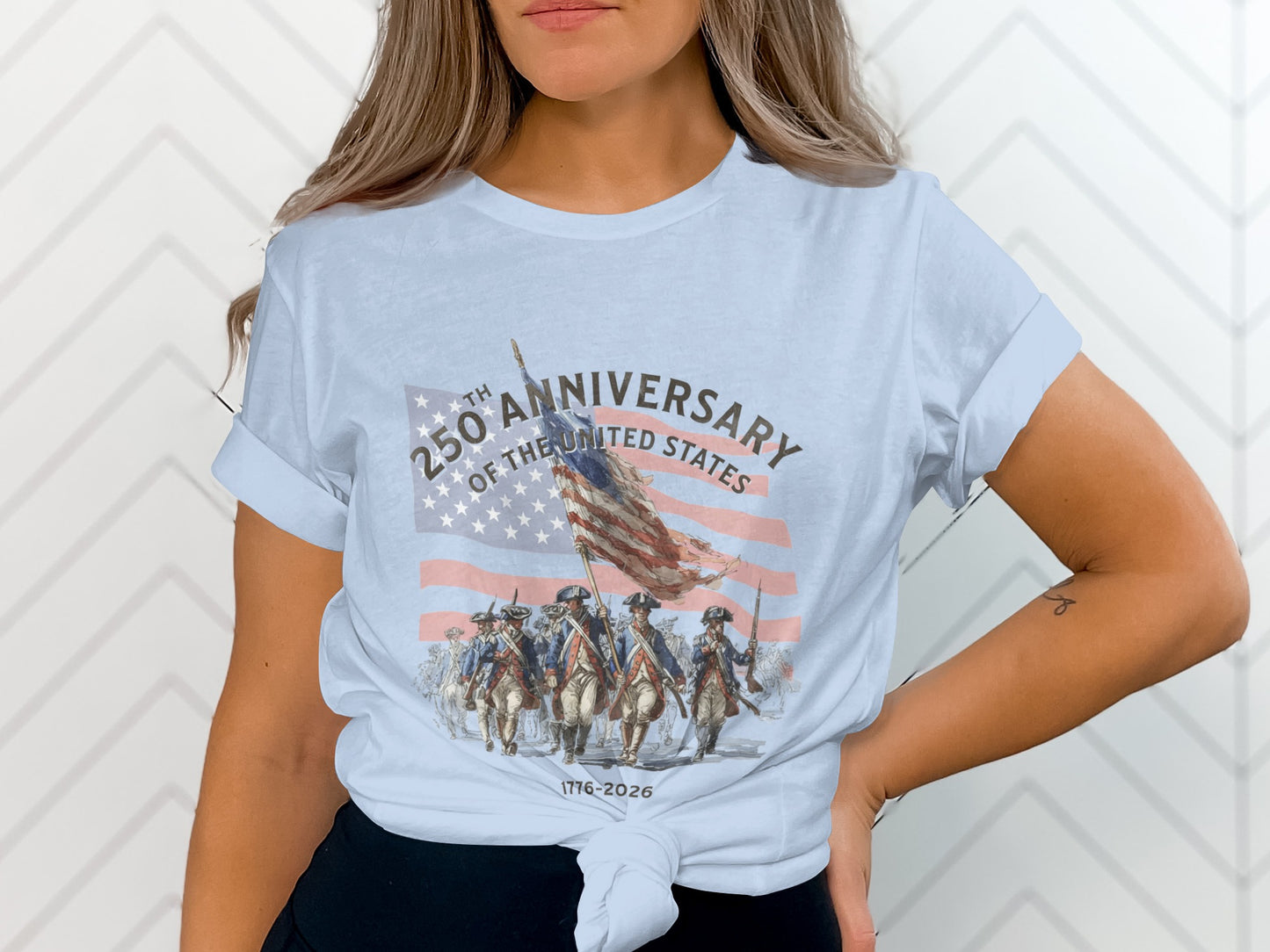 Light blue t-shirt with "250th Anniversary of the United States 1776-2026" and American flag.