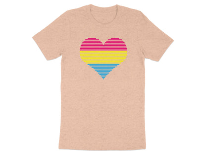 Pansexual pride heart graphic on a heather peach t-shirt.