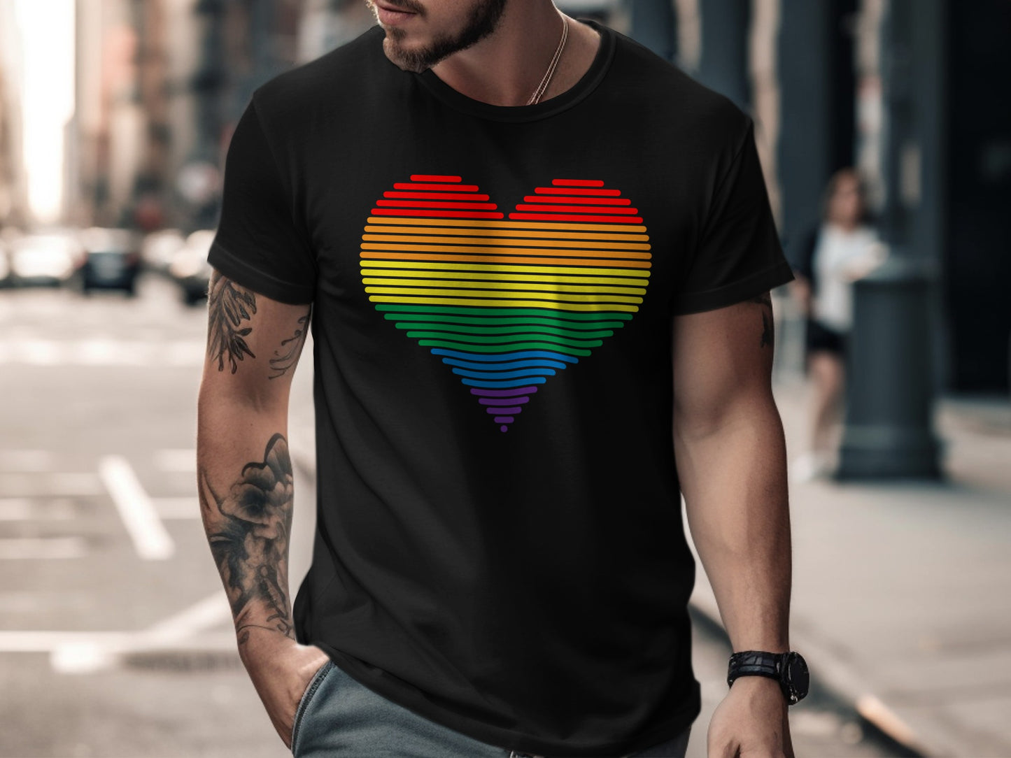 Black t-shirt with a rainbow-striped heart graphic.