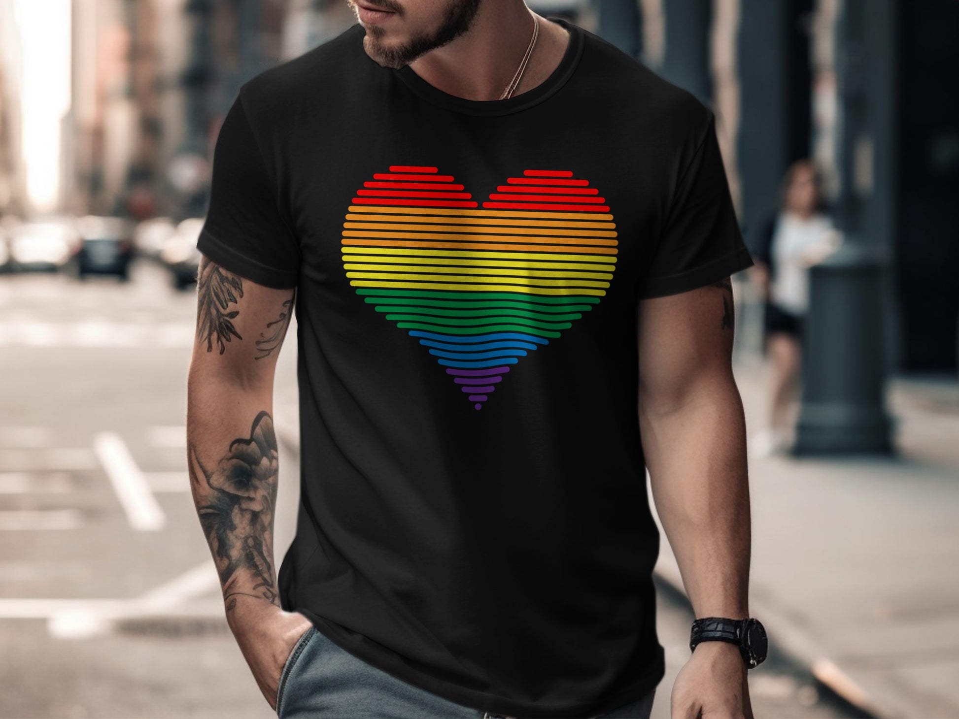 Black t-shirt with a rainbow-striped heart graphic.
