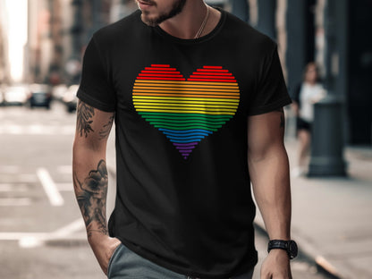 Black t-shirt with a rainbow-striped heart graphic.