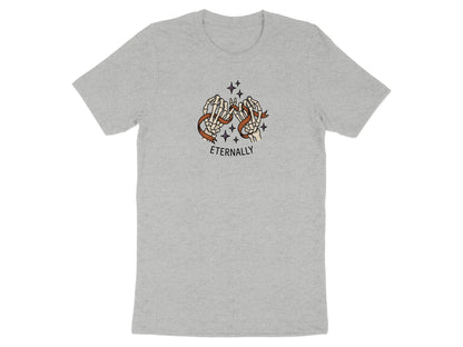 Grey t-shirt with two skeleton hands holding a ribbon and the word "eternally".