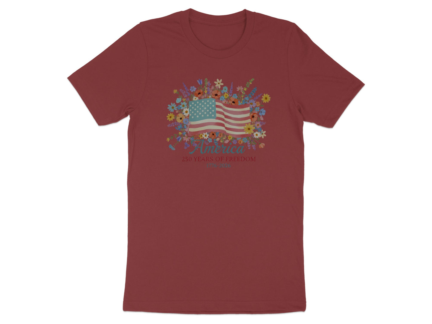 Burgundy t-shirt with floral "America 250 Years of Freedom" graphic.