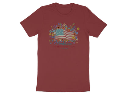 Burgundy t-shirt with floral "America 250 Years of Freedom" graphic.