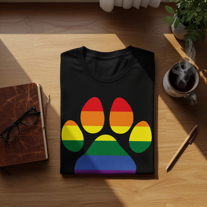 Black t-shirt with rainbow paw print design on wooden surface.