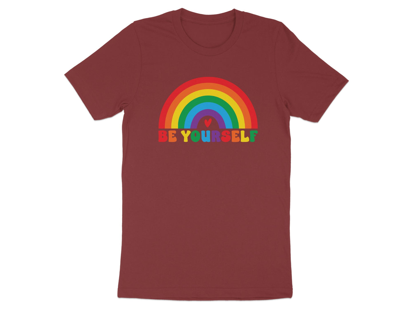 Maroon t-shirt with a rainbow and the text "BE YOURSELF".