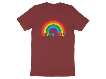 Maroon t-shirt with a rainbow and the text "BE YOURSELF".