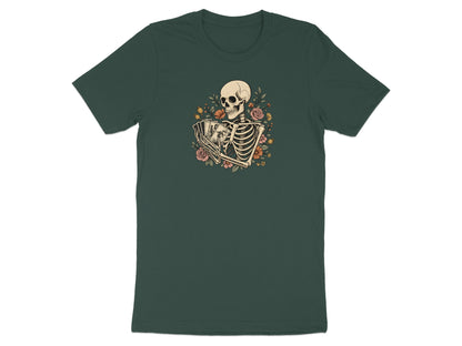 Skeleton with flowers holding playing cards on a dark green t-shirt.