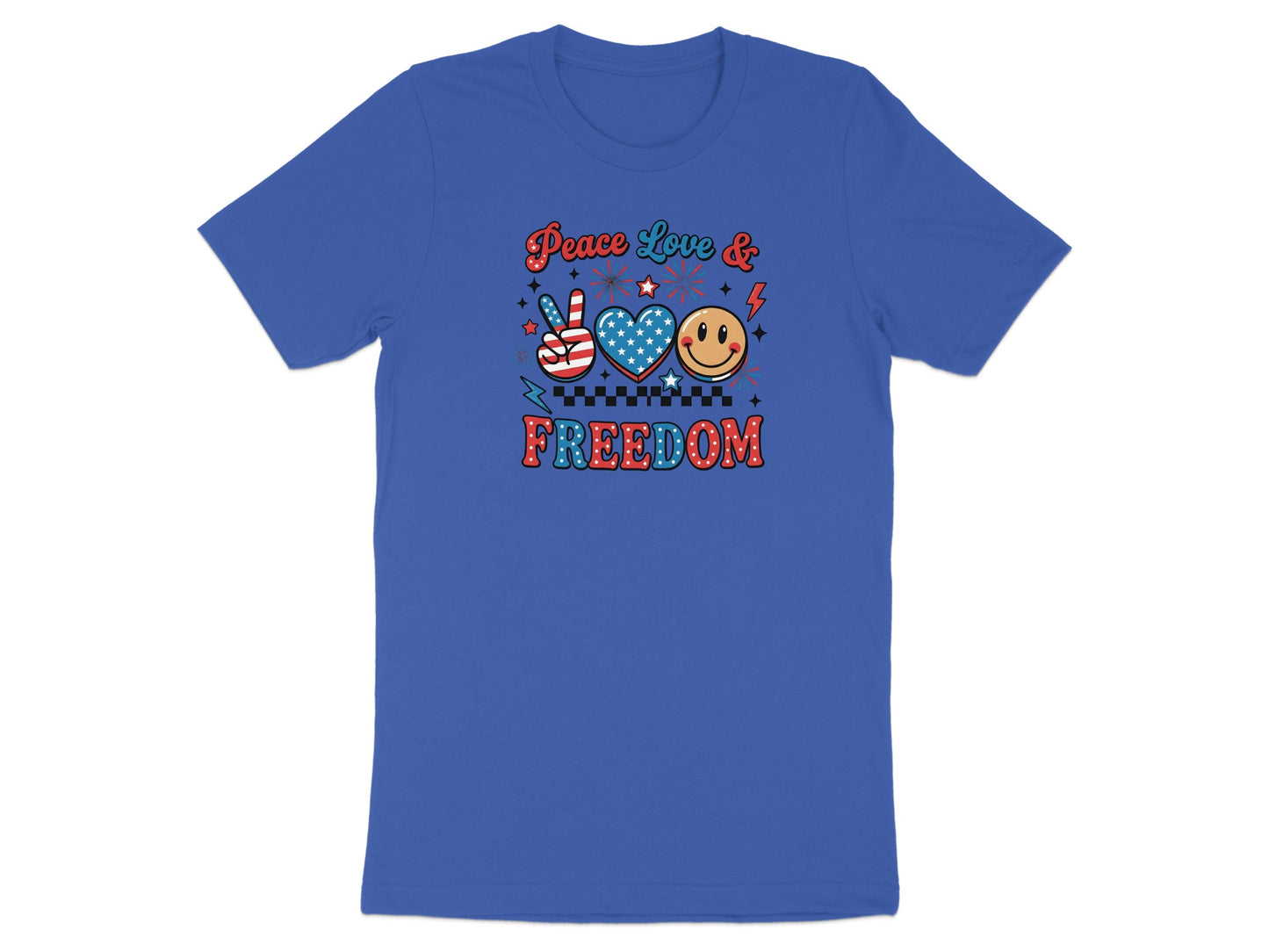 Blue t-shirt with "Peace Love & Freedom" graphic including stars, heart, and peace sign.