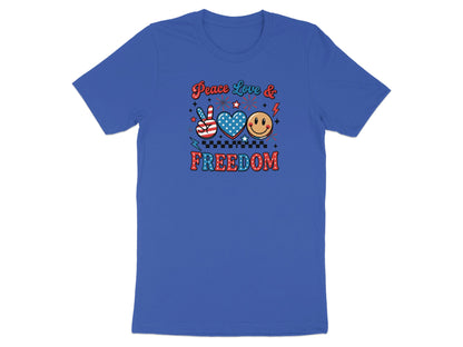 Blue t-shirt with "Peace Love & Freedom" graphic including stars, heart, and peace sign.