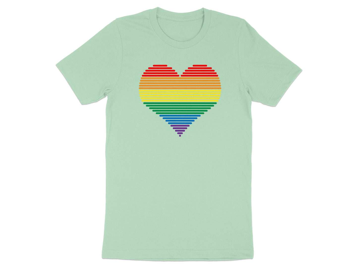 Rainbow heart graphic on a light green t-shirt.