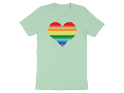Rainbow heart graphic on a light green t-shirt.