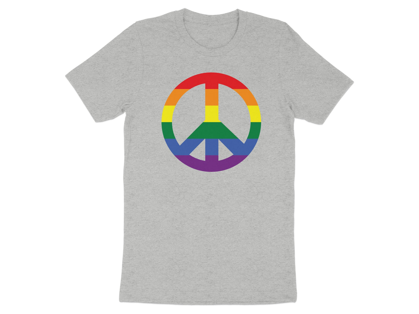 Grey t-shirt with a rainbow peace sign.