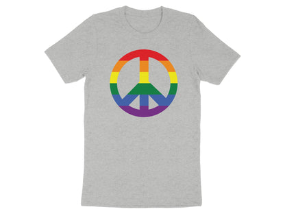 Grey t-shirt with a rainbow peace sign.