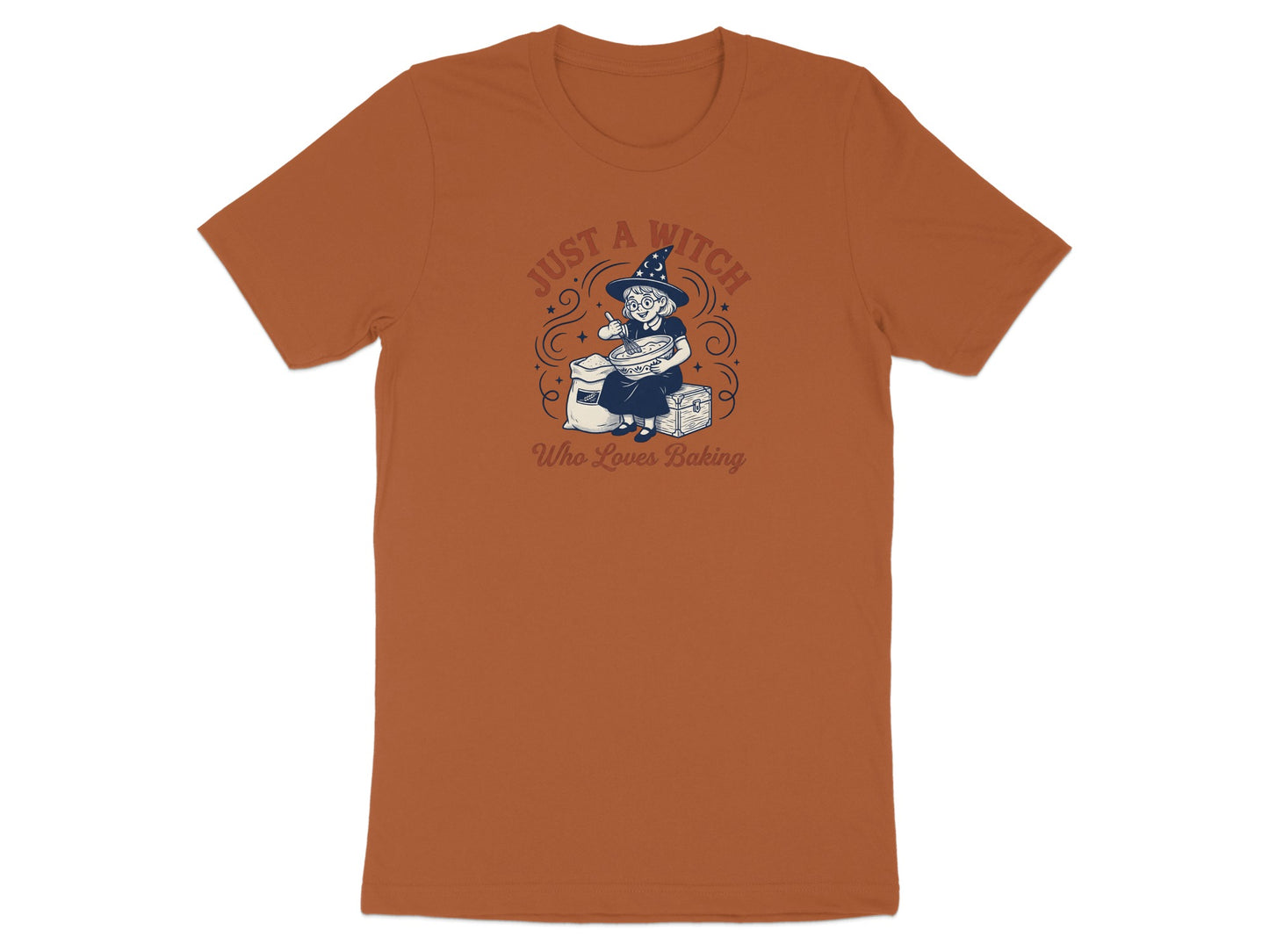 T-shirt with a graphic of a witch with text "Just a Witch Who Loves Baking."