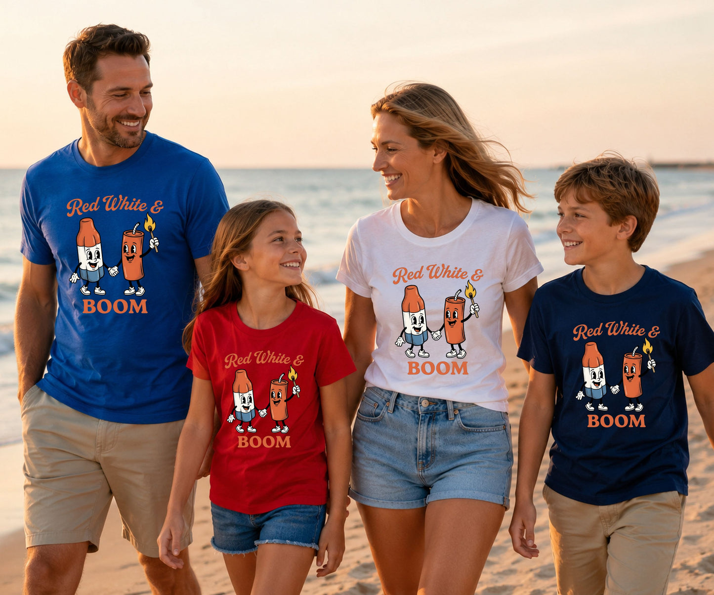 Family in matching "Red White & Boom" graphic tees walking on the beach.