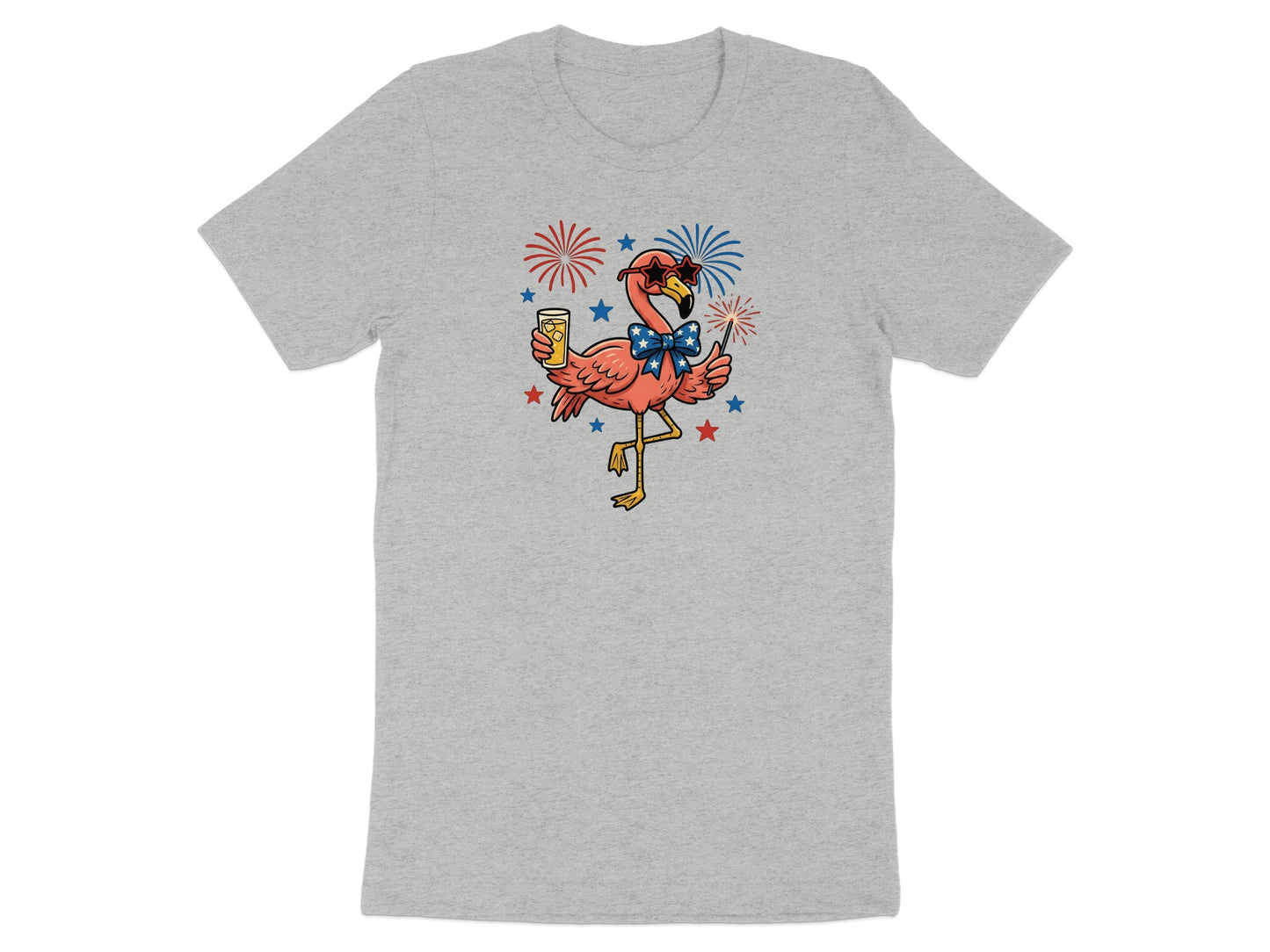 Flamingo in sunglasses and bow tie holds beer with fireworks in background.