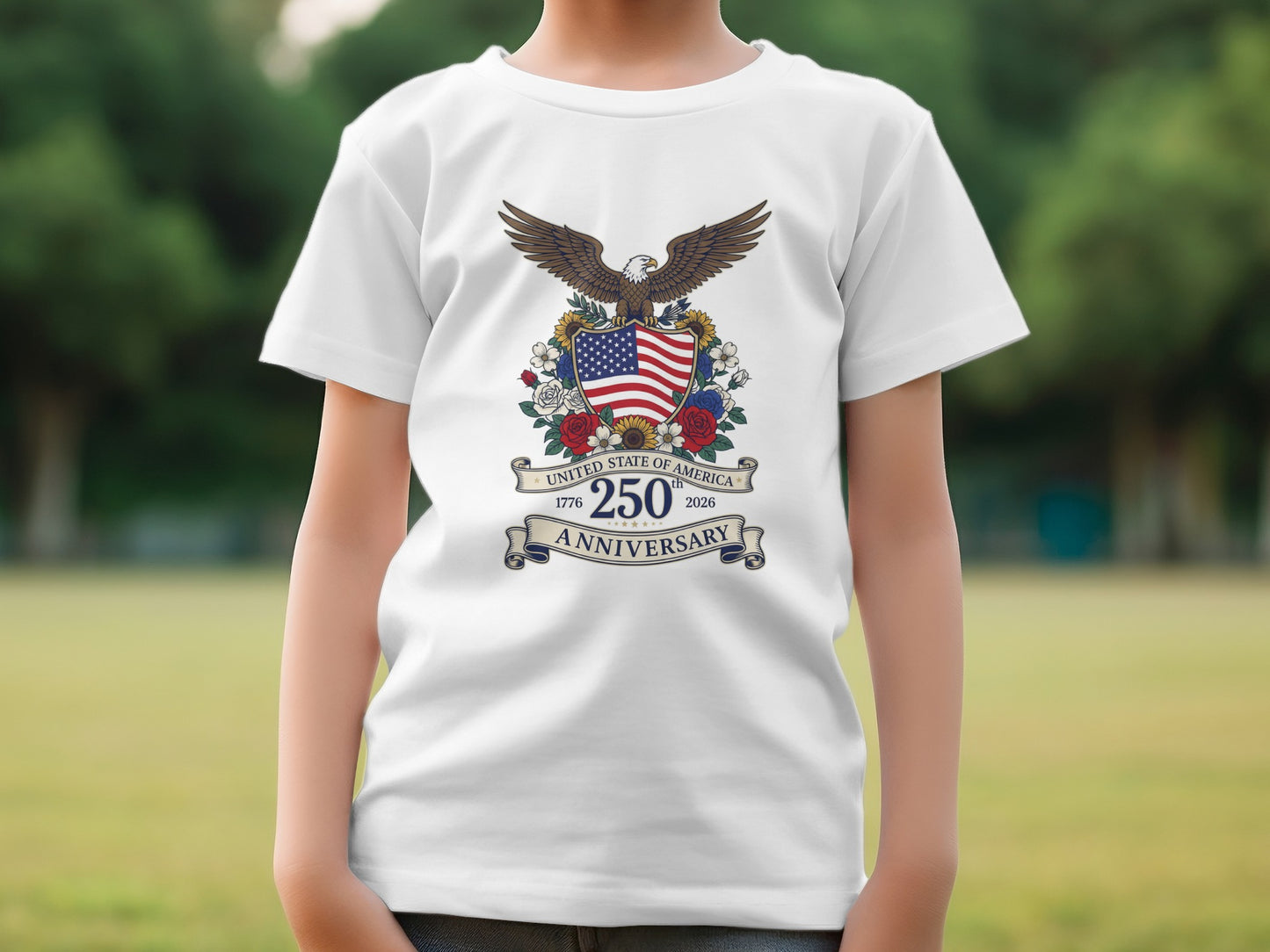 White t-shirt with eagle, shield, and "250th Anniversary" graphic.