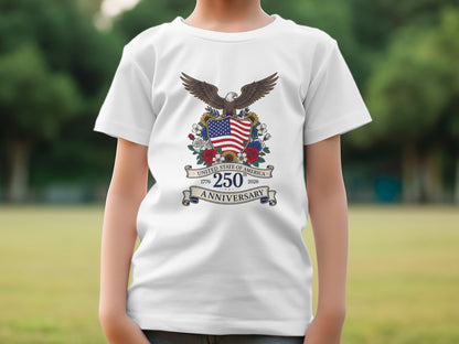 White t-shirt with eagle, shield, and "250th Anniversary" graphic.